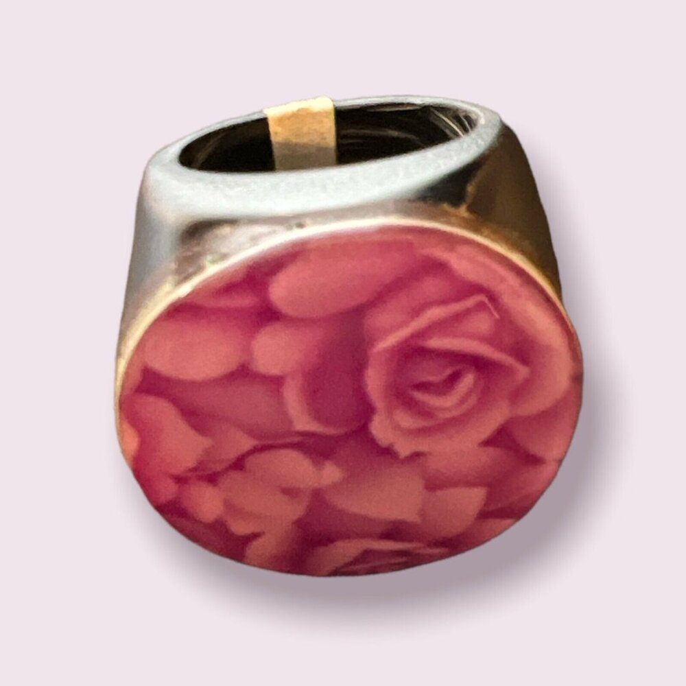 Pier One Large Dark Purple Acrylic Ring with Pink Roses Size 6
